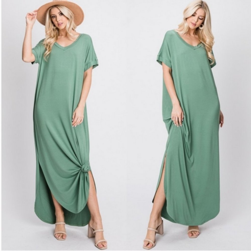 Short Dolman Sleeve Curved Hem Maxi Dress in Sage
